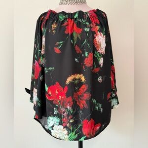 Express off the shoulder black with red floral print blouse size XL